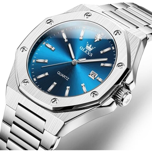 Olevs Men's Silver Blue Stain Steel Man Watch with Date Luminous Stylish Watch - Picture 2 of 6